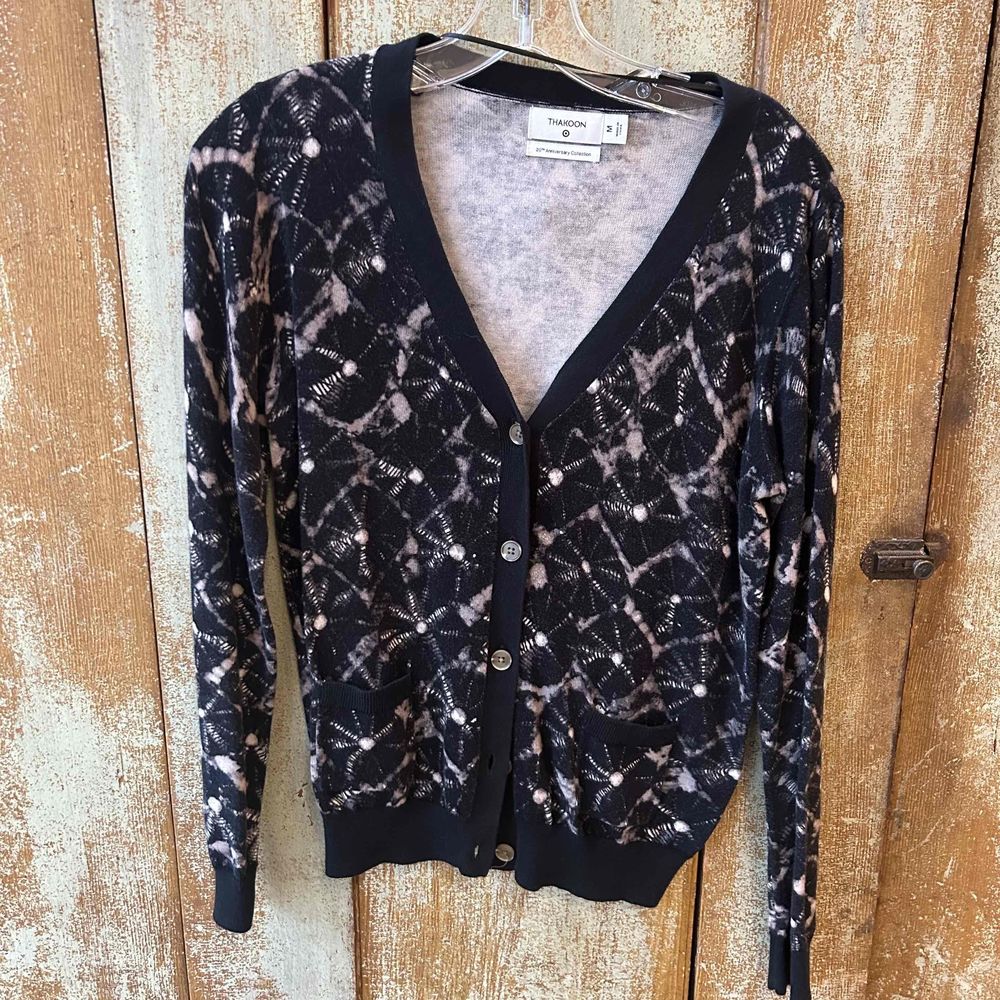 Thakoon Womens Black Cream Floral All Seasons Cardigan Size Medium